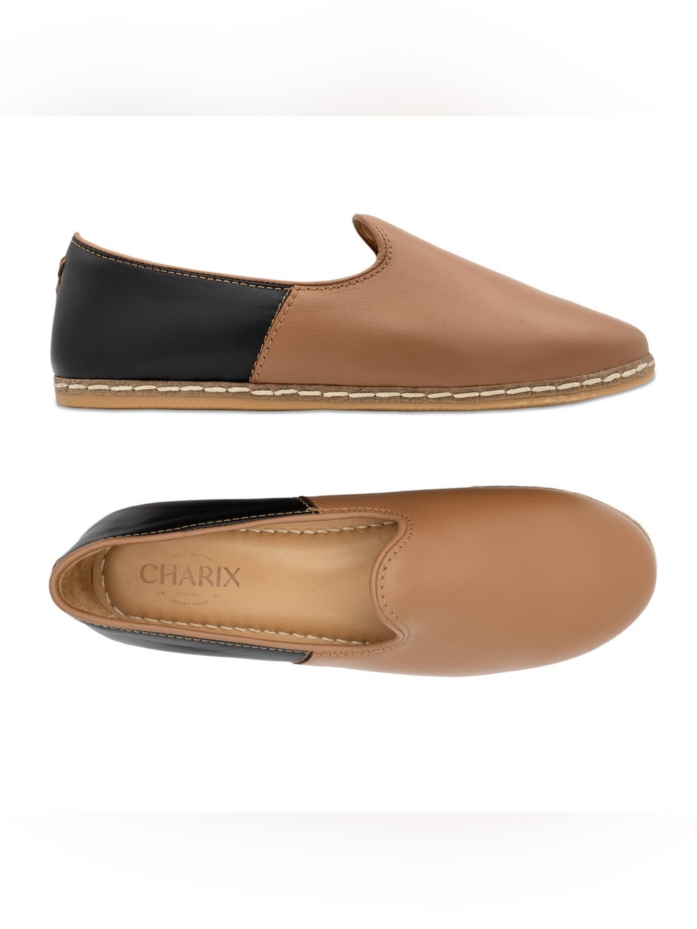 Charix Camel Black Slip-on handmade shoes | 38 New